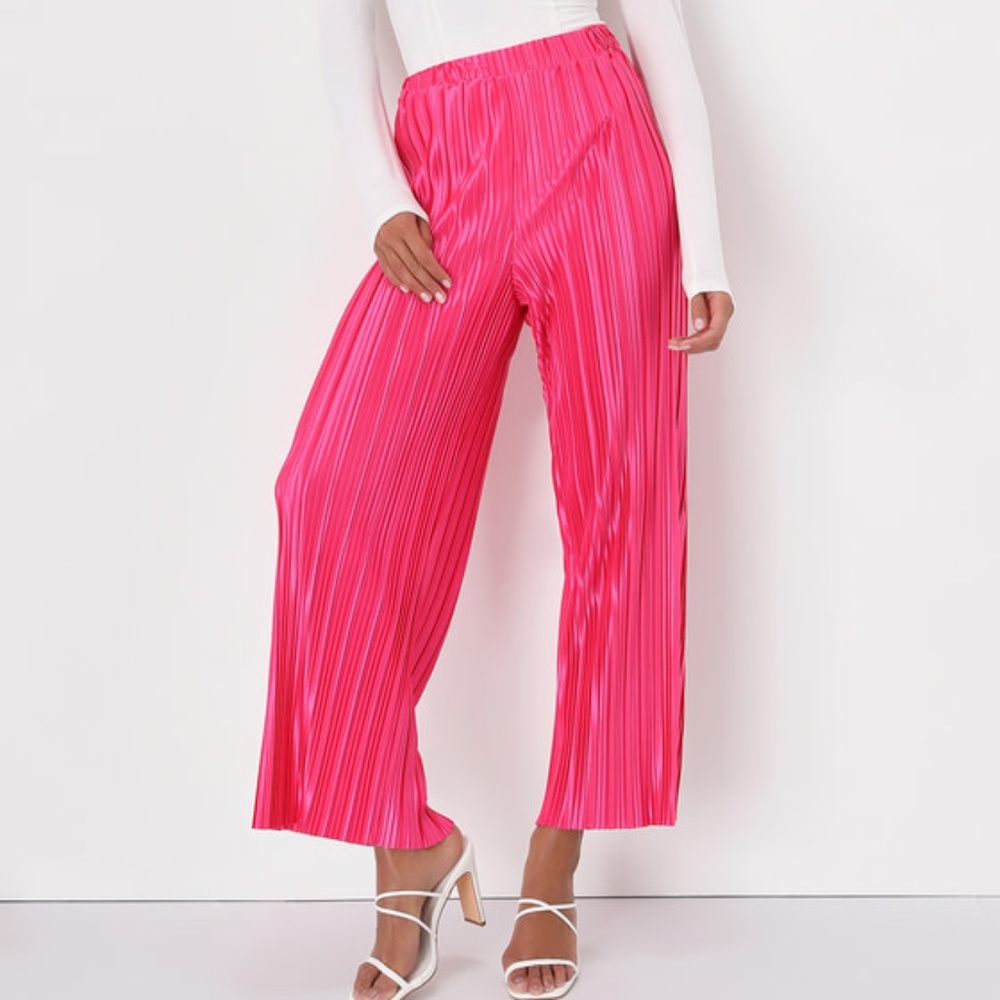 Lulus Tropical Temperatures Hot Pink Satin Plisse Wide-leg Pants - Size S